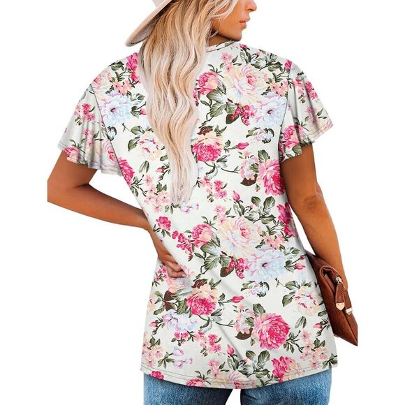 Womens Ruffle Sleeve Tunic Top V Neck Loose Fit Summer Shirt 95% Rayon - Picture 4 of 4